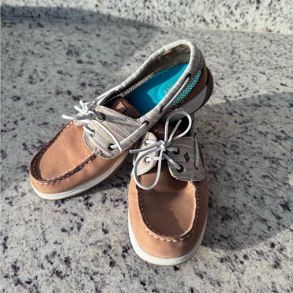Women’s Tan and White Boat Shoes